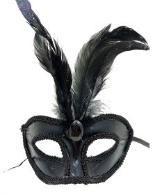 Black Color Patent Leather Coated Party Mask with Black Feathers 18x20 cm