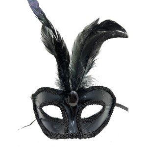 Black Color Patent Leather Coated Party Mask with Black Feathers 18x20 cm Black Color Patent Leather Coated Party Mask with Black Feathers 18x20 cm
