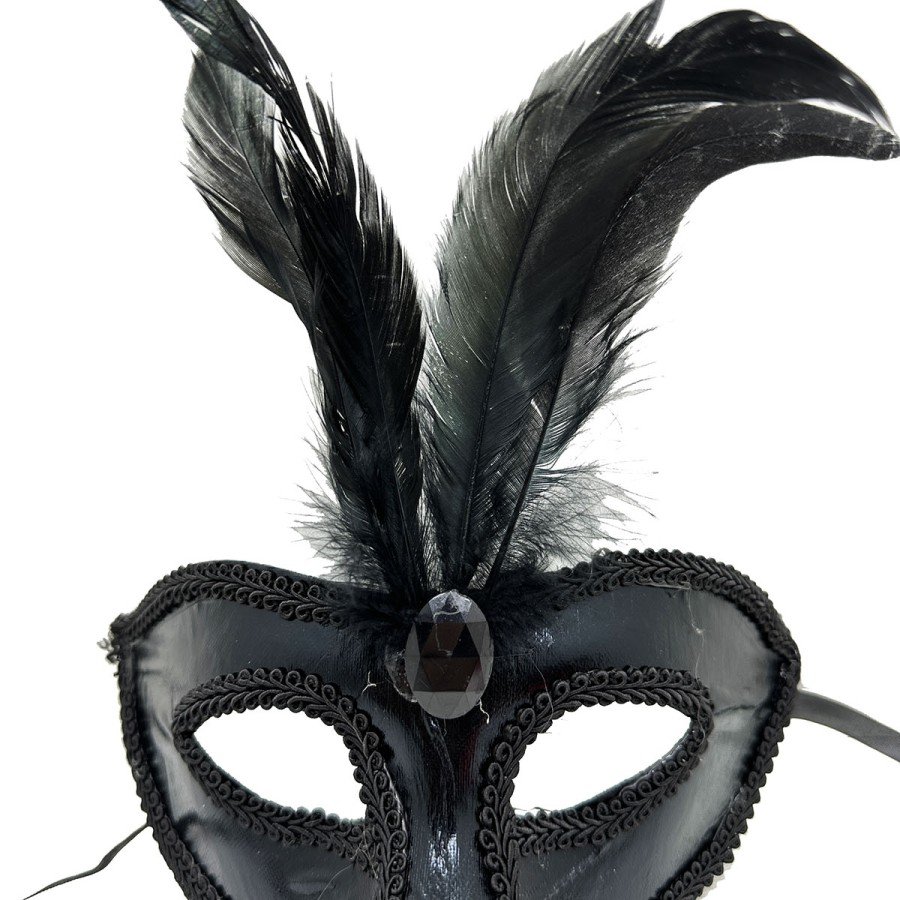 Black Color Patent Leather Coated Party Mask with Black Feathers 18x20 cm