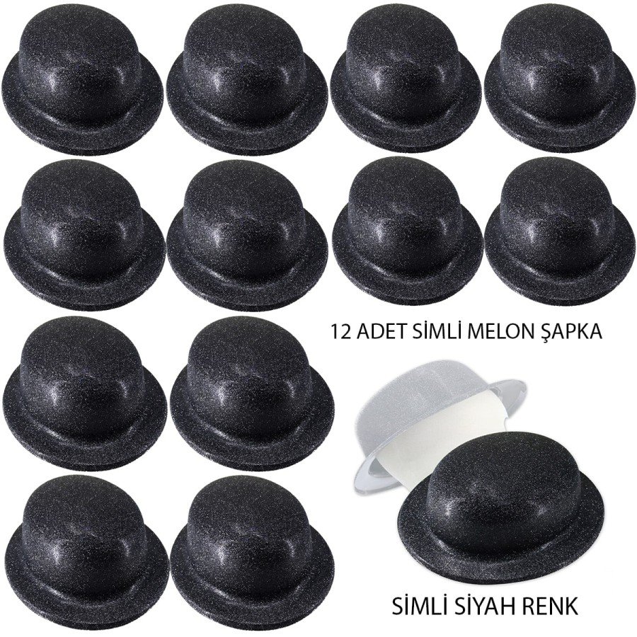 Black Color Glitter Bowler Round Party Hat 12 Pieces
