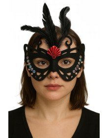 Black Color Black Suede Coated Butterfly Figure Party Mask with Feathers 24x18 cm