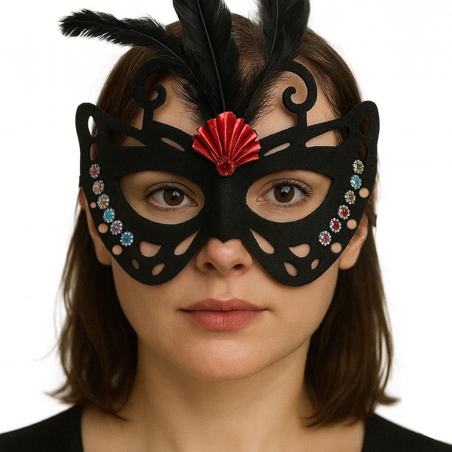Black Color Black Suede Coated Butterfly Figure Party Mask with Feathers 24x18 cm