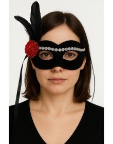 Black Color Suede Coated Silver Lace Red Rose Design Party Mask 18x20 cm