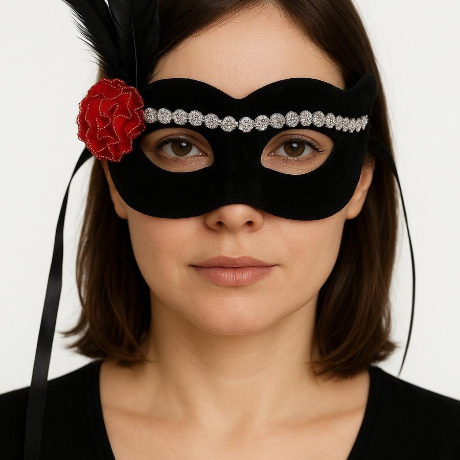 Black Color Suede Coated Silver Lace Red Rose Design Party Mask 18x20 cm