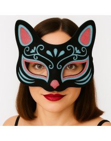 Black Color Suede Coated Blue Red Glitter Cat Mask 17x14 cm