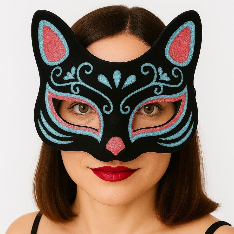 Black Color Suede Coated Blue Red Glitter Cat Mask 17x14 cm