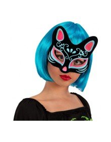 Black Color Suede Coated Blue Red Glitter Cat Mask 17x14 cm