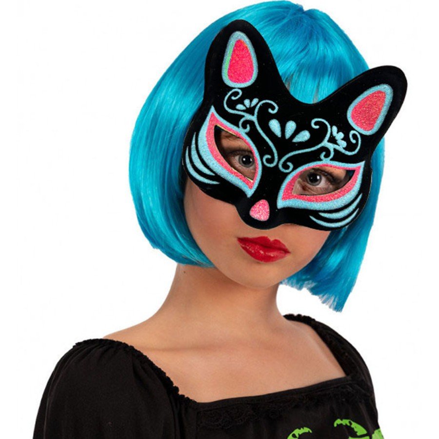 Black Color Suede Coated Blue Red Glitter Cat Mask 17x14 cm