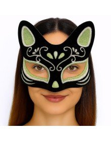 Black Color Suede Coated Silver Green Glitter Cat Mask 17x14 cm