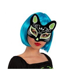 Black Color Suede Coated Silver Green Glitter Cat Mask 17x14 cm