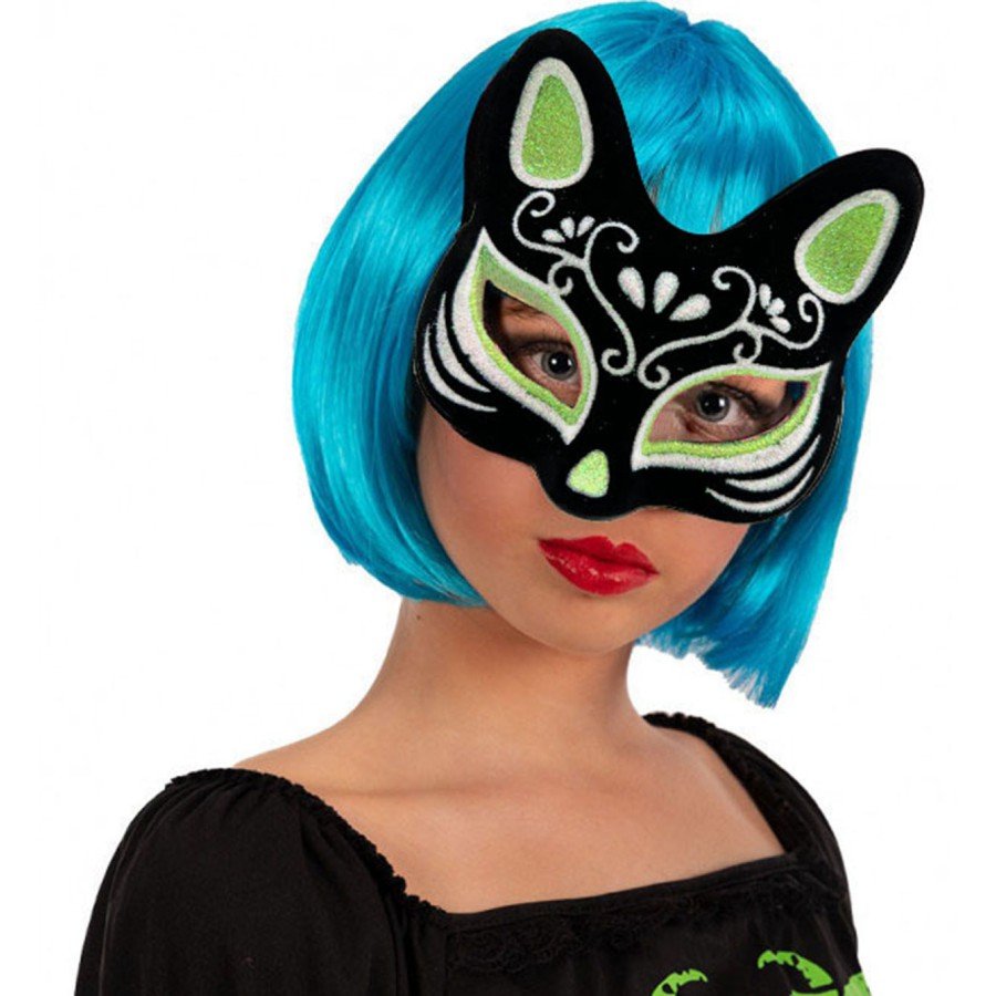 Black Color Suede Coated Silver Green Glitter Cat Mask 17x14 cm