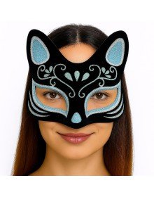 Black Color Suede Coated Silver Blue Glitter Cat Mask 17x14 cm
