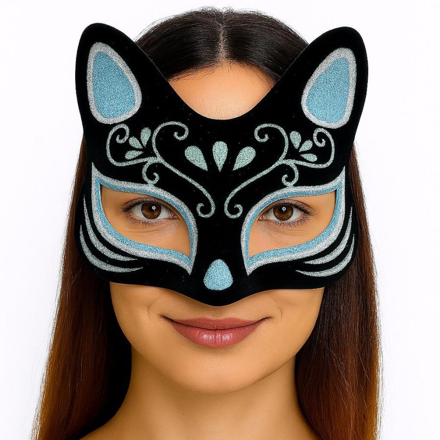 Black Color Suede Coated Silver Blue Glitter Cat Mask 17x14 cm