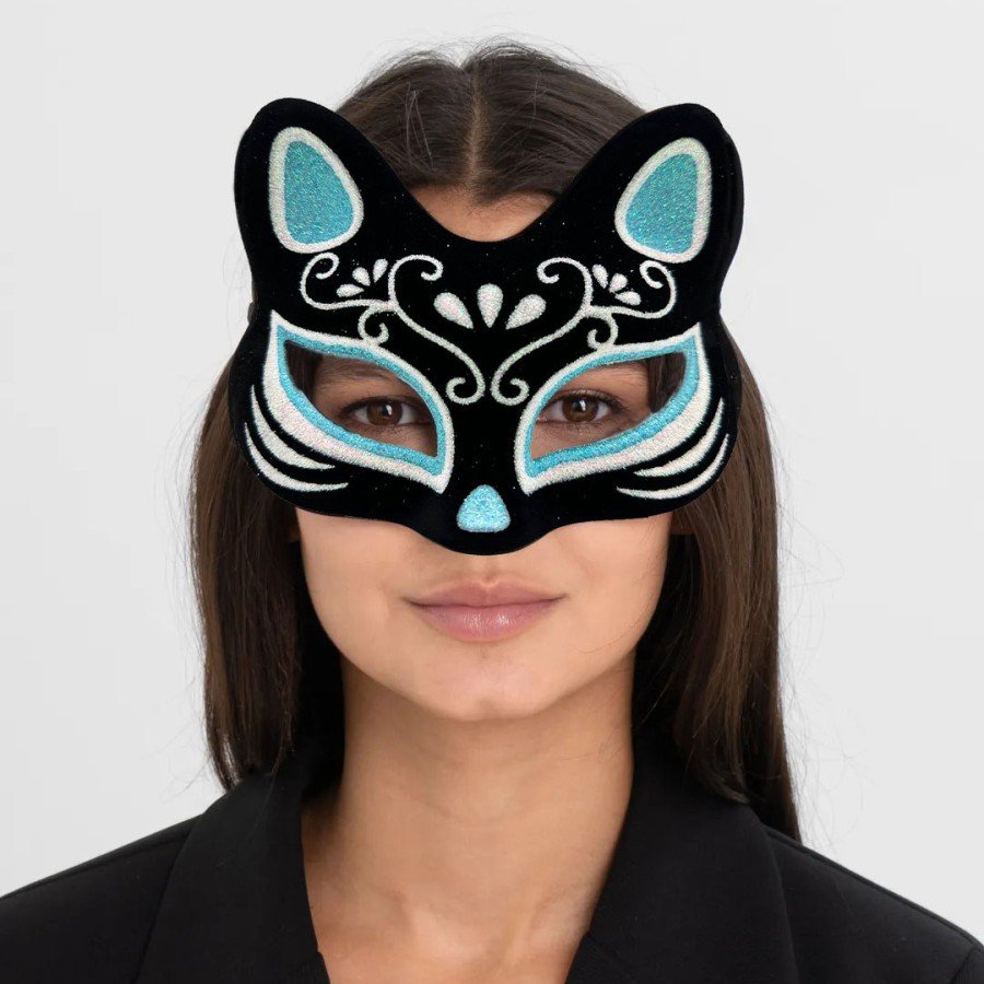 Black Color Suede Coated Silver Blue Glitter Cat Mask 17x14 cm