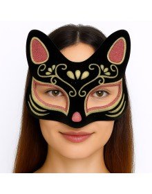 Black Color Suede Coated Red Yellow Glitter Cat Mask 17x14 cm