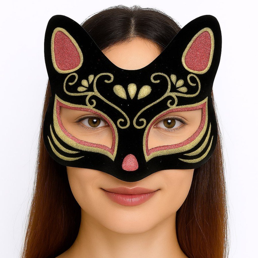 Black Color Suede Coated Red Yellow Glitter Cat Mask 17x14 cm