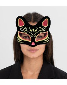 Black Color Suede Coated Red Yellow Glitter Cat Mask 17x14 cm
