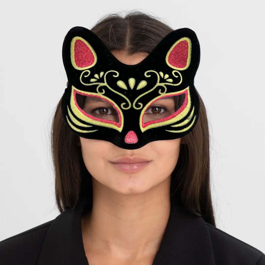 Black Color Suede Coated Red Yellow Glitter Cat Mask 17x14 cm