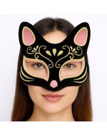 Black Color Suede Coated Pink Yellow Glitter Cat Mask 17x14 cm