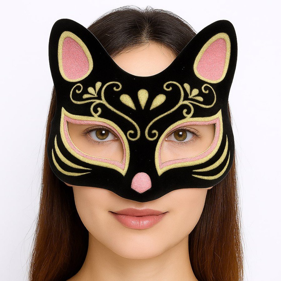 Black Color Suede Coated Pink Yellow Glitter Cat Mask 17x14 cm