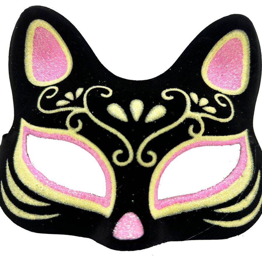 Black Color Suede Coated Pink Yellow Glitter Cat Mask 17x14 cm
