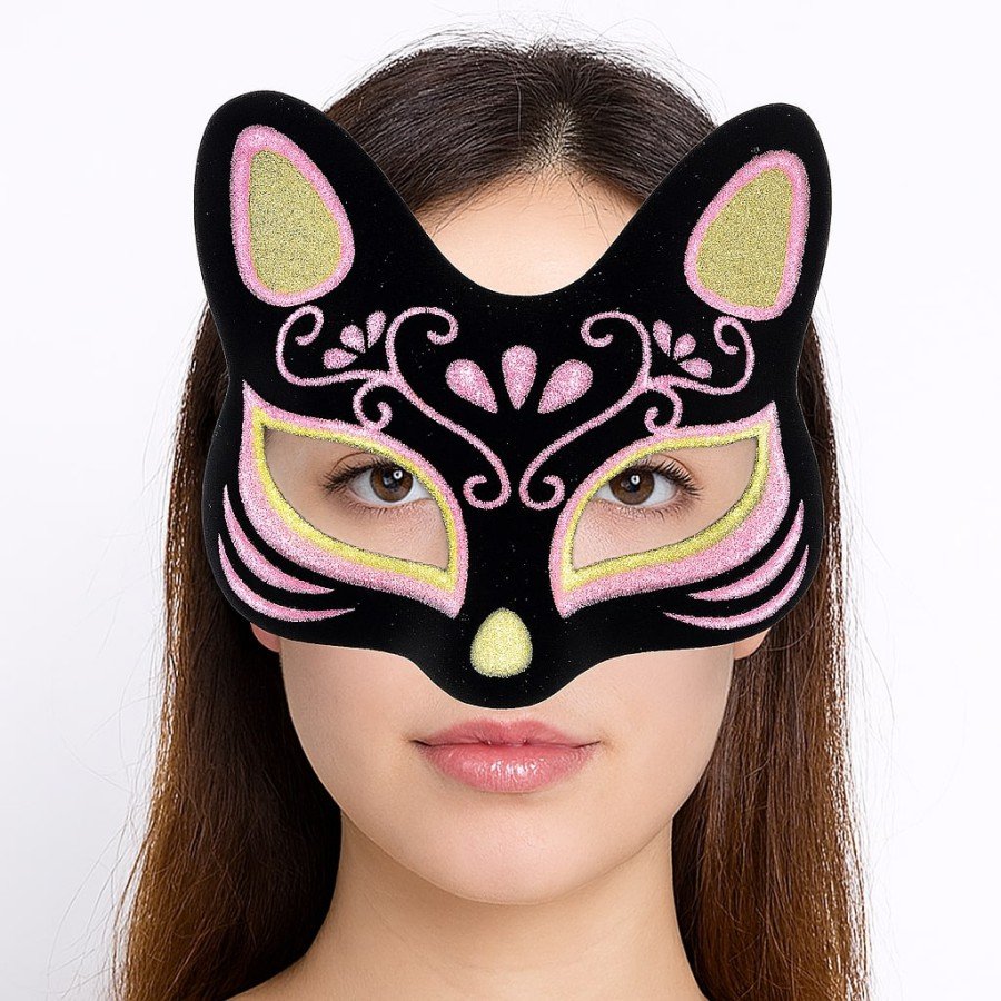 Black Color Suede Coated Yellow Pink Glitter Cat Mask 17x14 cm