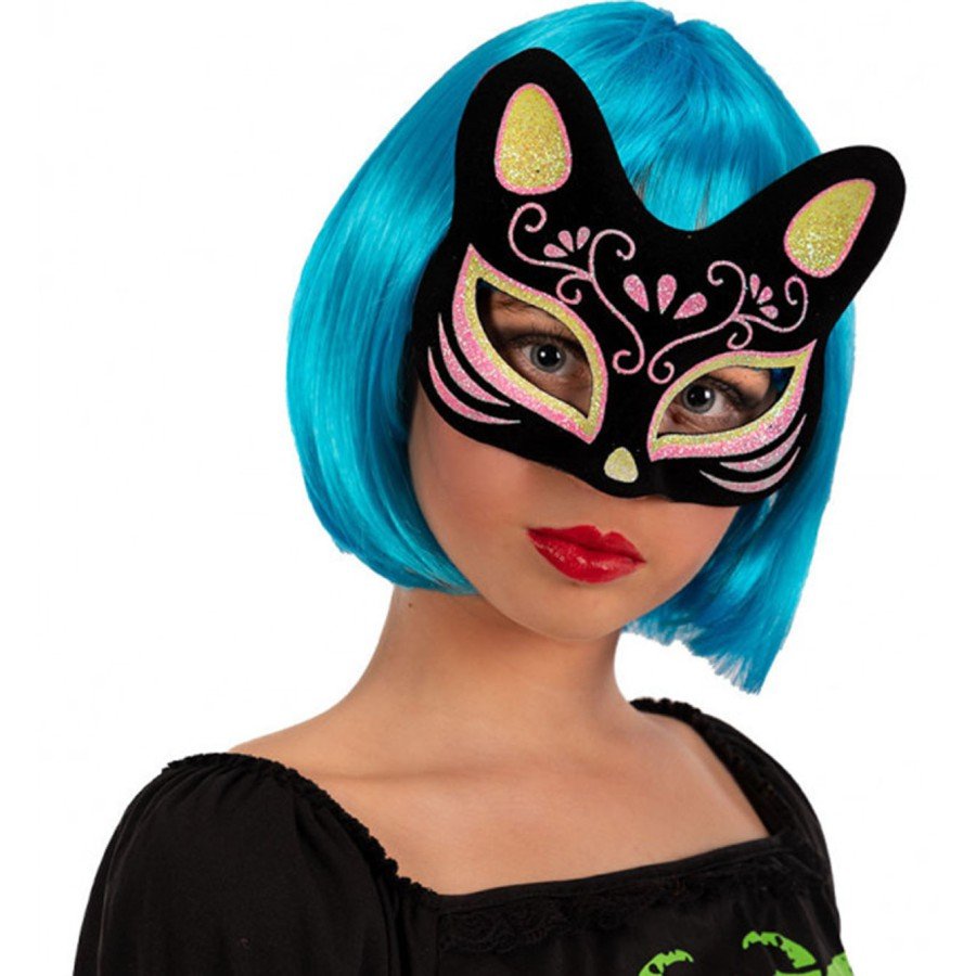 Black Color Suede Coated Yellow Pink Glitter Cat Mask 17x14 cm