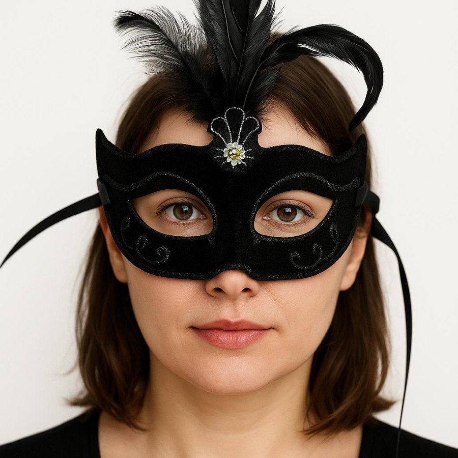 Black Color Feathered Black Suede Coating Party Prom Mask 20X16 cm