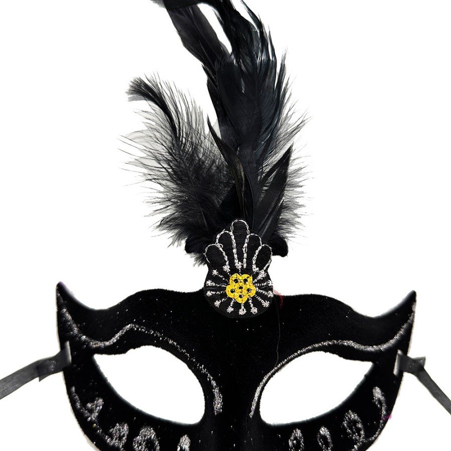 Black Color Feathered Black Suede Coating Party Prom Mask 20X16 cm