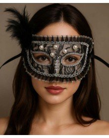 Black Color Side Feather Pearl Embroidered Stone Lace Party Mask 17x12 cm