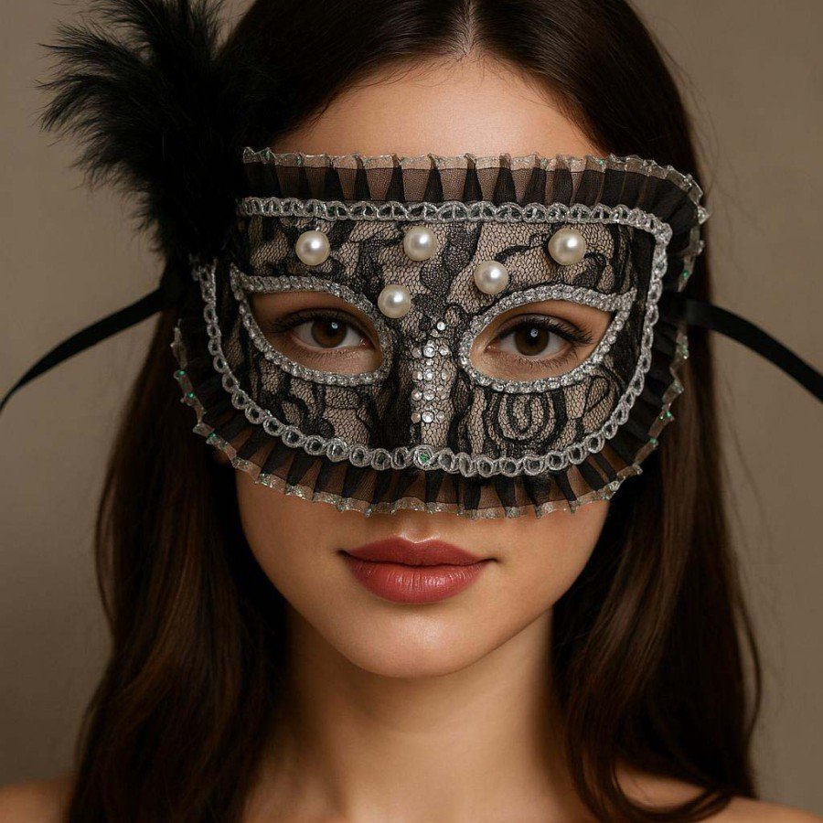 Black Color Side Feather Pearl Embroidered Stone Lace Party Mask 17x12 cm Black Color Side Feather Pearl Embroidered Stone Lace Party Mask 17x12 cm