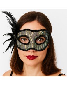 Black Color Sequin Embroidered Party Mask with Feathers on the Side 23x12 cm