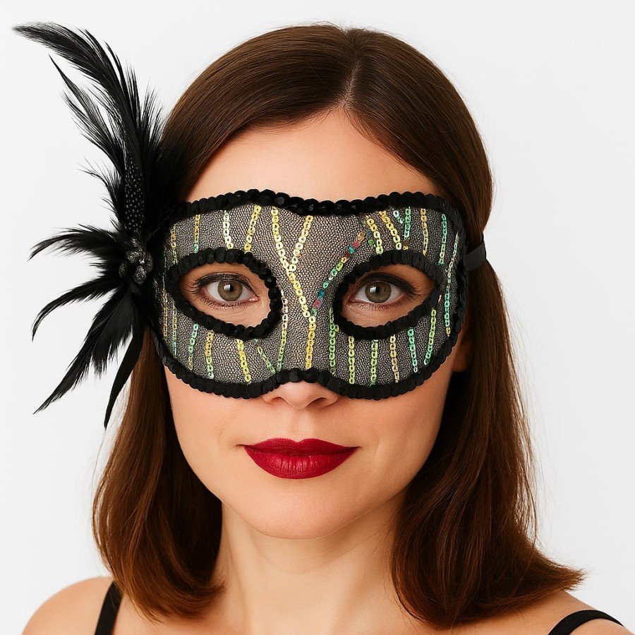 Black Color Sequin Embroidered Party Mask with Feathers on the Side 23x12 cm
