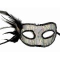 Black Color Sequin Embroidered Party Mask with Feathers on the Side 23x12 cm