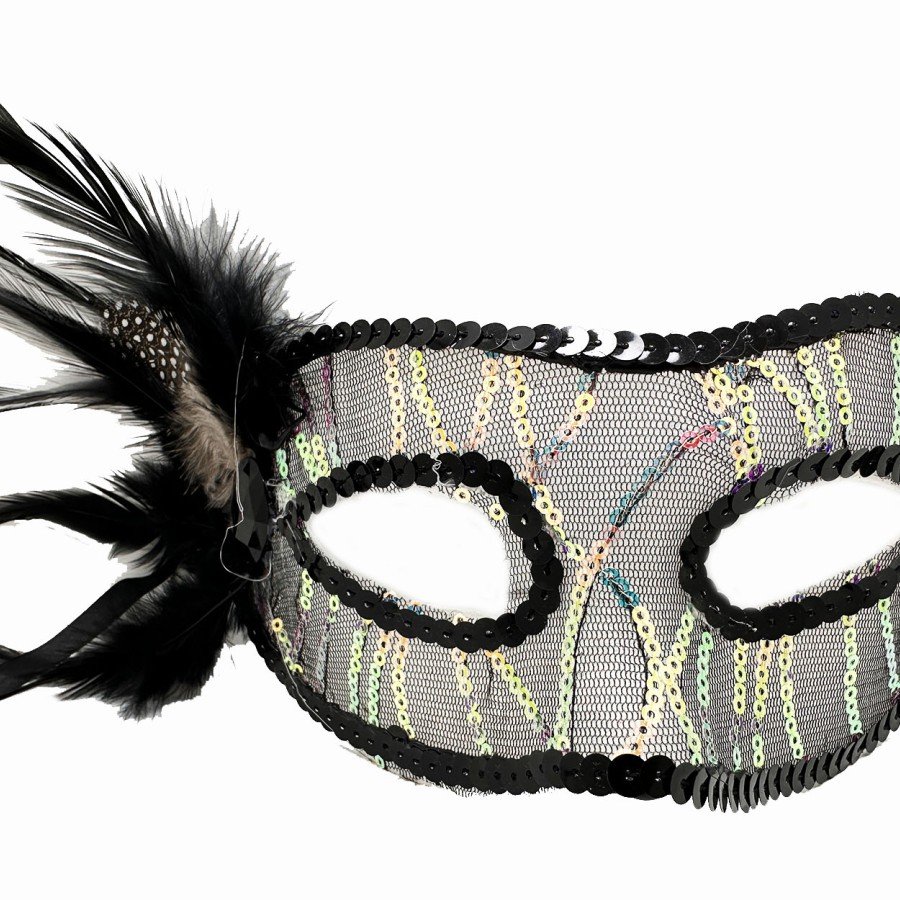Black Color Sequin Embroidered Party Mask with Feathers on the Side 23x12 cm