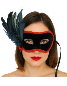 Black Color Side Feather Black Suede Coating Party Prom Mask 21x20 cm