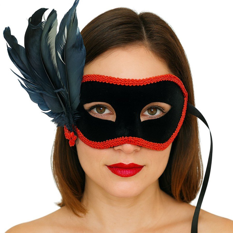 Black Color Side Feather Black Suede Coating Party Prom Mask 21x20 cm