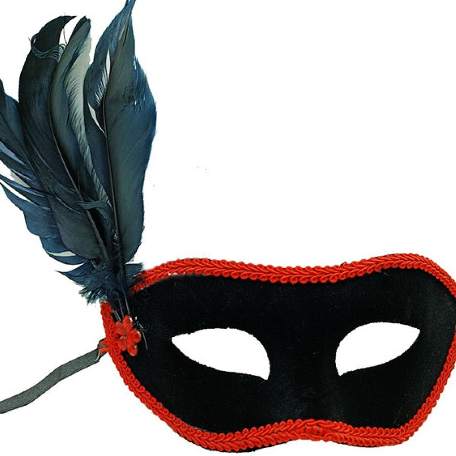Black Color Side Feather Black Suede Coating Party Prom Mask 21x20 cm