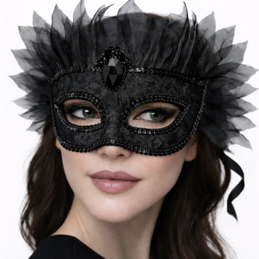 Black Stone Venetian Mask Luxury Tulle Party Mask Black Stone Venetian Mask Luxury Tulle Party Mask