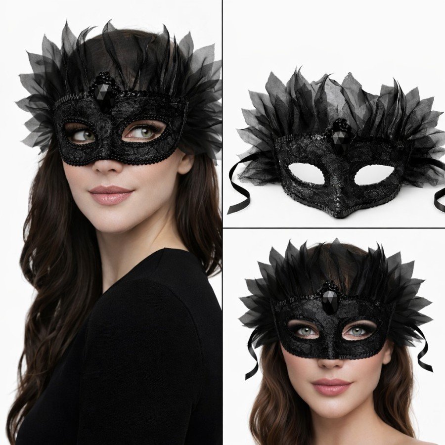 Black Stone Venetian Mask Luxury Tulle Party Mask Black Stone Venetian Mask Luxury Tulle Party Mask