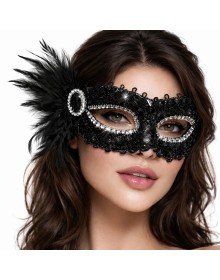 Black Stone Venetian Party Mask – Feathered Sequined