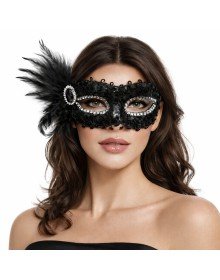 Black Stone Venetian Party Mask – Feathered Sequined