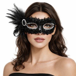 Black Stone Venetian Party Mask – Feathered Sequined