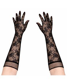 Black Long Rose Patterned Lace Women's Gloves