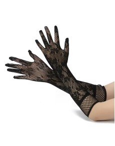 Black Long Rose Patterned Lace Women's Gloves