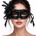 Black Venetian Party Mask – Floral Feathered Sequined