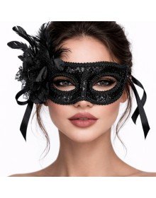 Black Venetian Party Mask – Floral Feathered Sequined