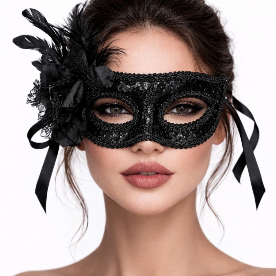 Black Venetian Party Mask – Floral Feathered Sequined