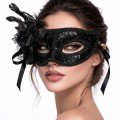 Black Venetian Party Mask – Floral Feathered Sequined