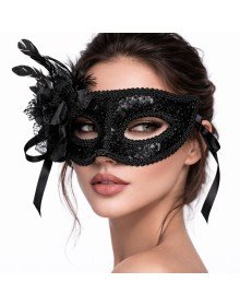Black Venetian Party Mask – Floral Feathered Sequined